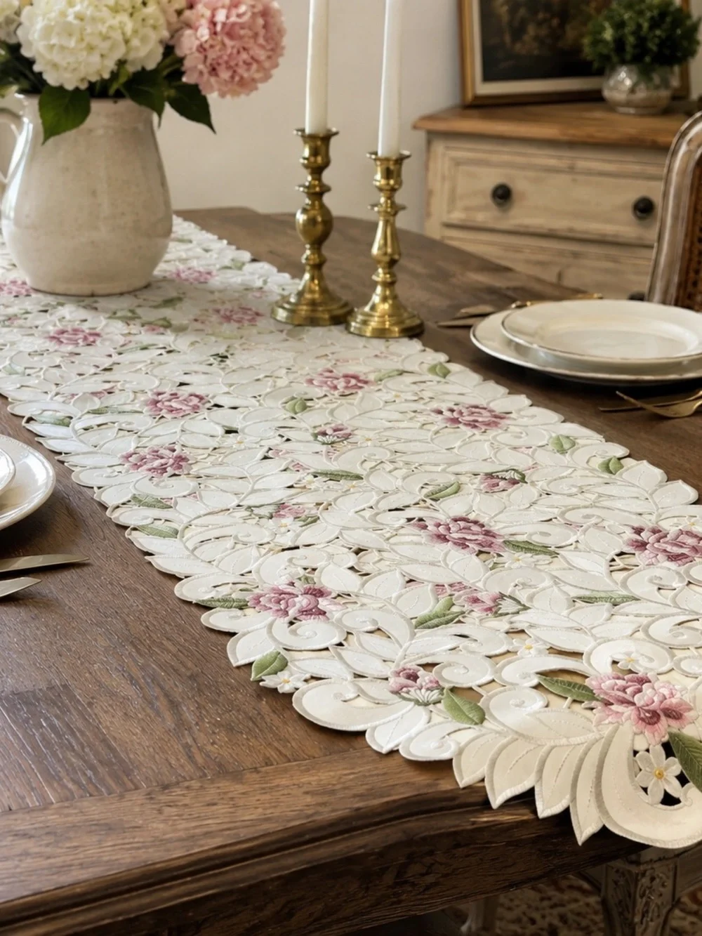 68” Embroidered Floral Cutwork  Table Runner Garden French Country Cottagecore